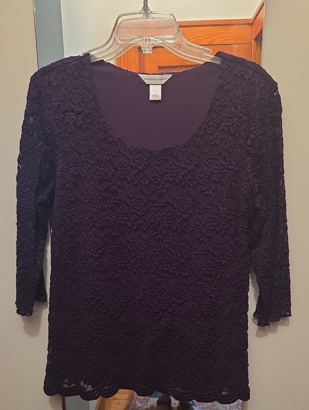 Christopher & Banks Purple Lace Scoop Neck 3/4 Sleeve Top